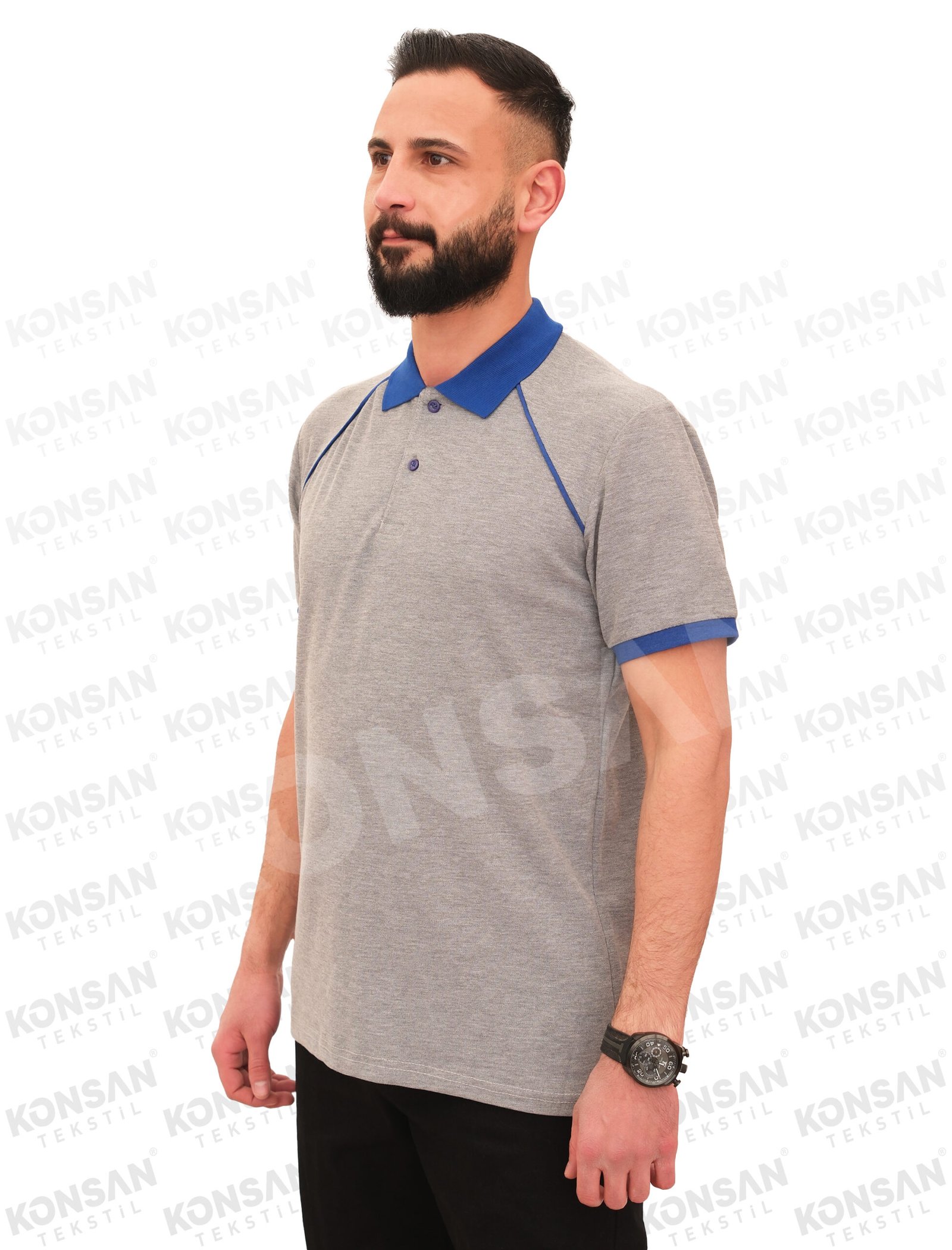 özelpoloyaka-tshirt-grimavi-2-konsantekstil Modelli Polo Yaka Tişört Gri/Mavi