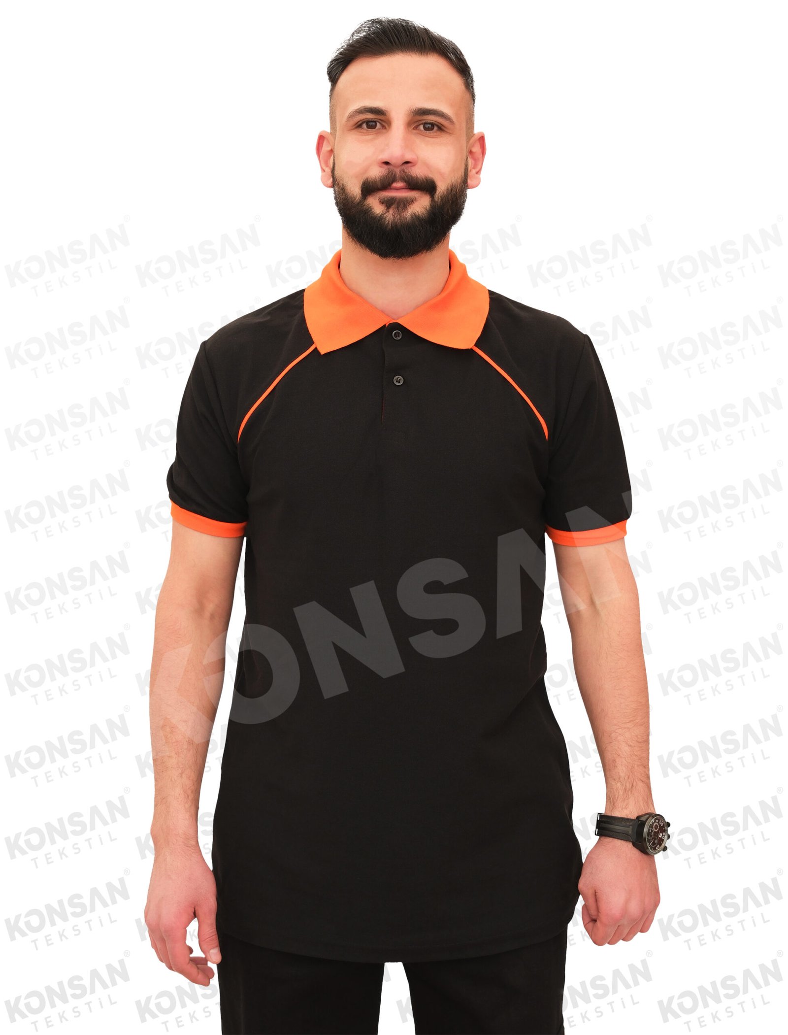 özelpoloyaka-tshirt-siyahturuncu-1-konsantekstil Modelli Polo Yaka Tişört Siyah/Turuncu