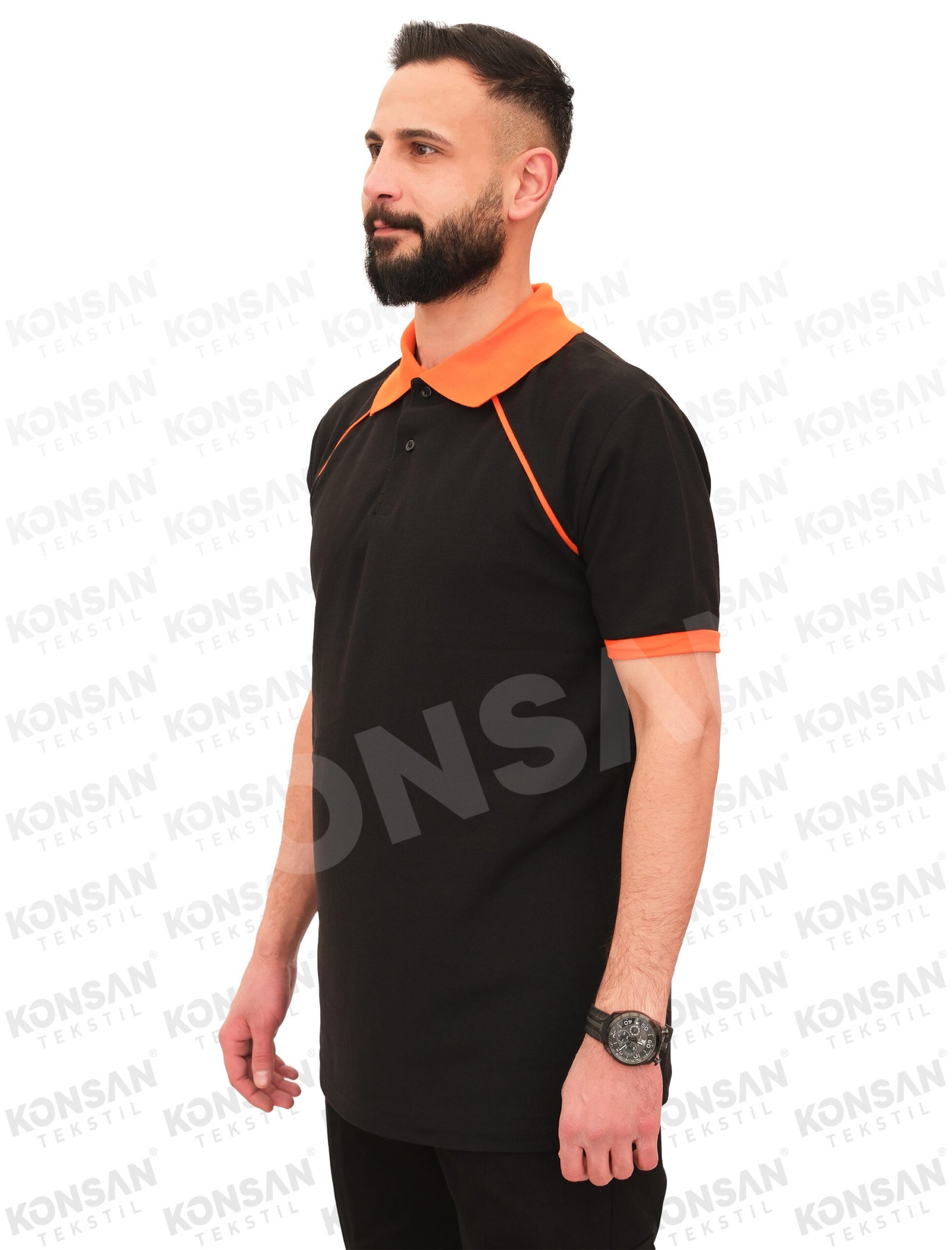 özelpoloyaka-tshirt-siyahturuncu-2-konsantekstil Modelli Polo Yaka Tişört Siyah/Turuncu