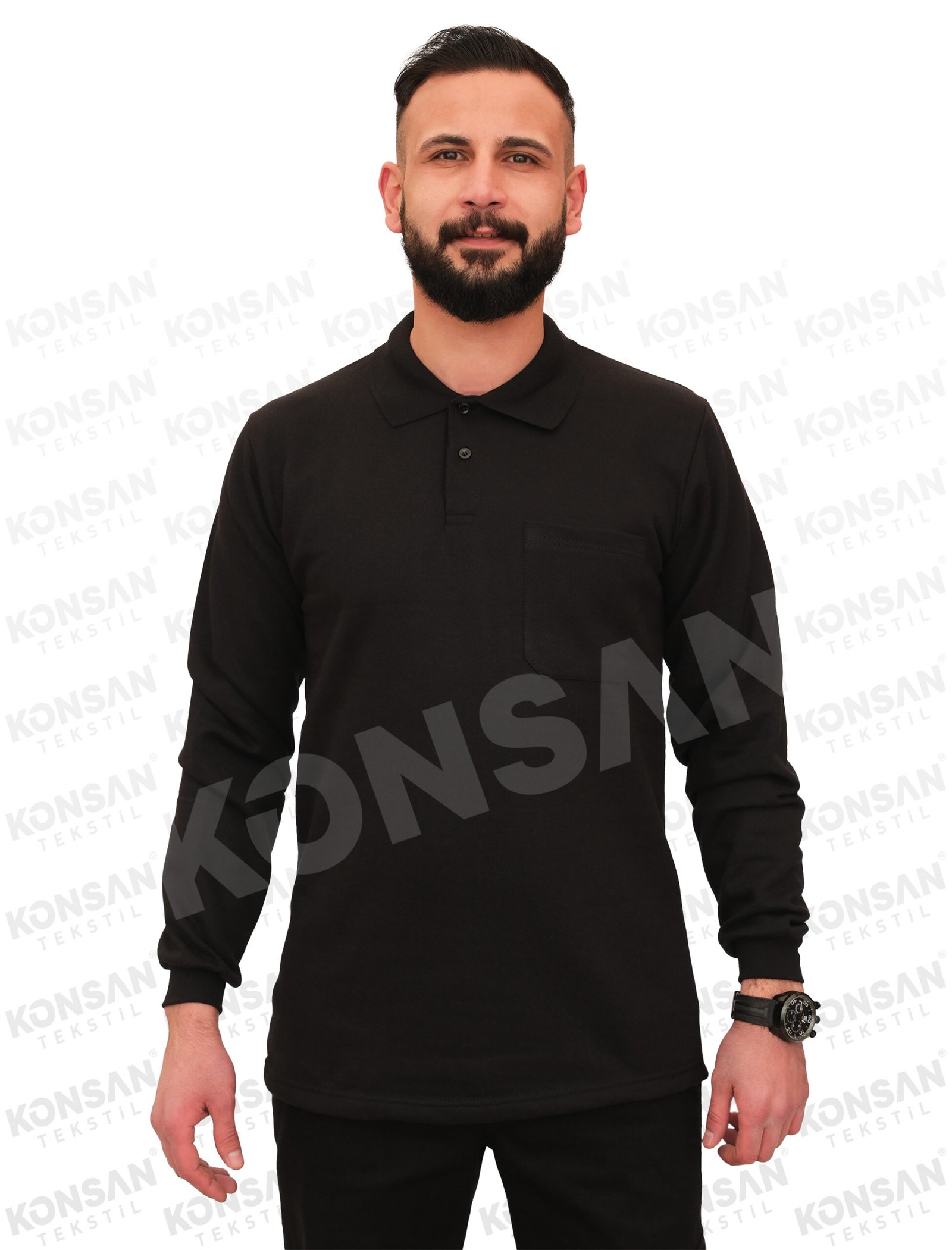 poloyaka-uzunkollutshirt-siyah-1-konsantekstil Polo Yaka Sweatshirt Siyah